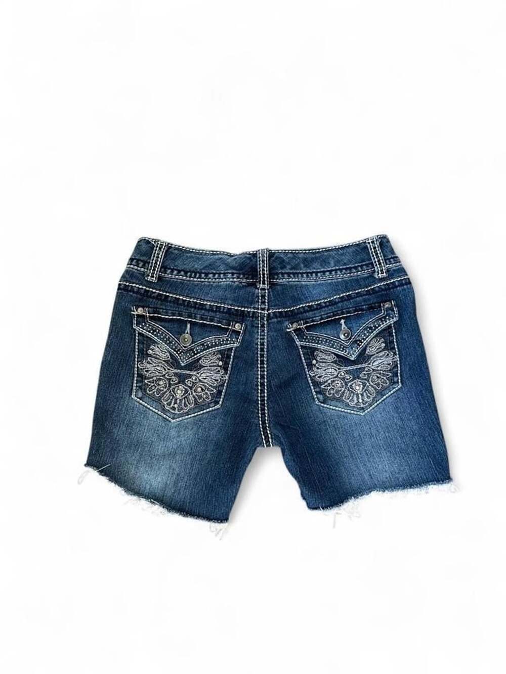 Y2K Nine West Navy Denim Shorts Size 6 / 28” Frayed Hem & Embroidered Pockets